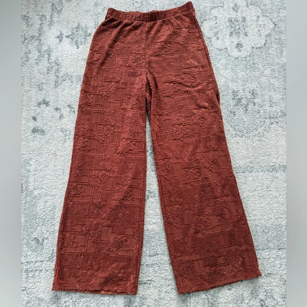ZARA Women’s Rust Textured Jacquard Wide-Leg Pants Boho Floral Lounge Trousers M - Picture 2 of 12